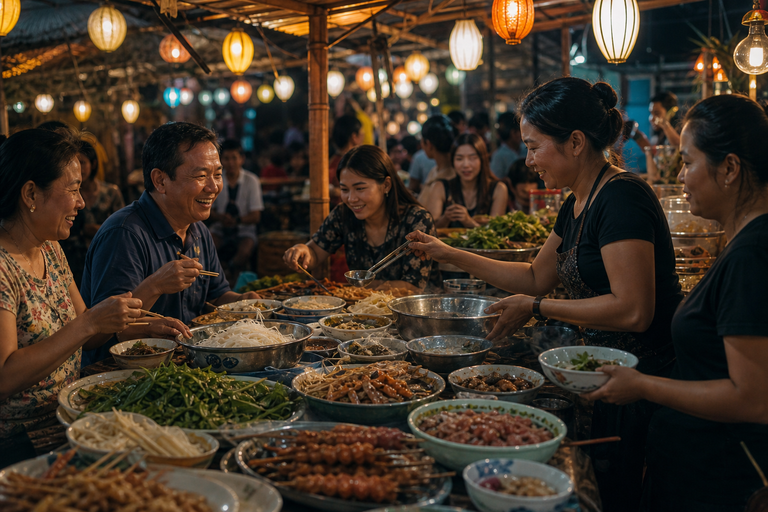 Warm-lit Southeast Asian street food market