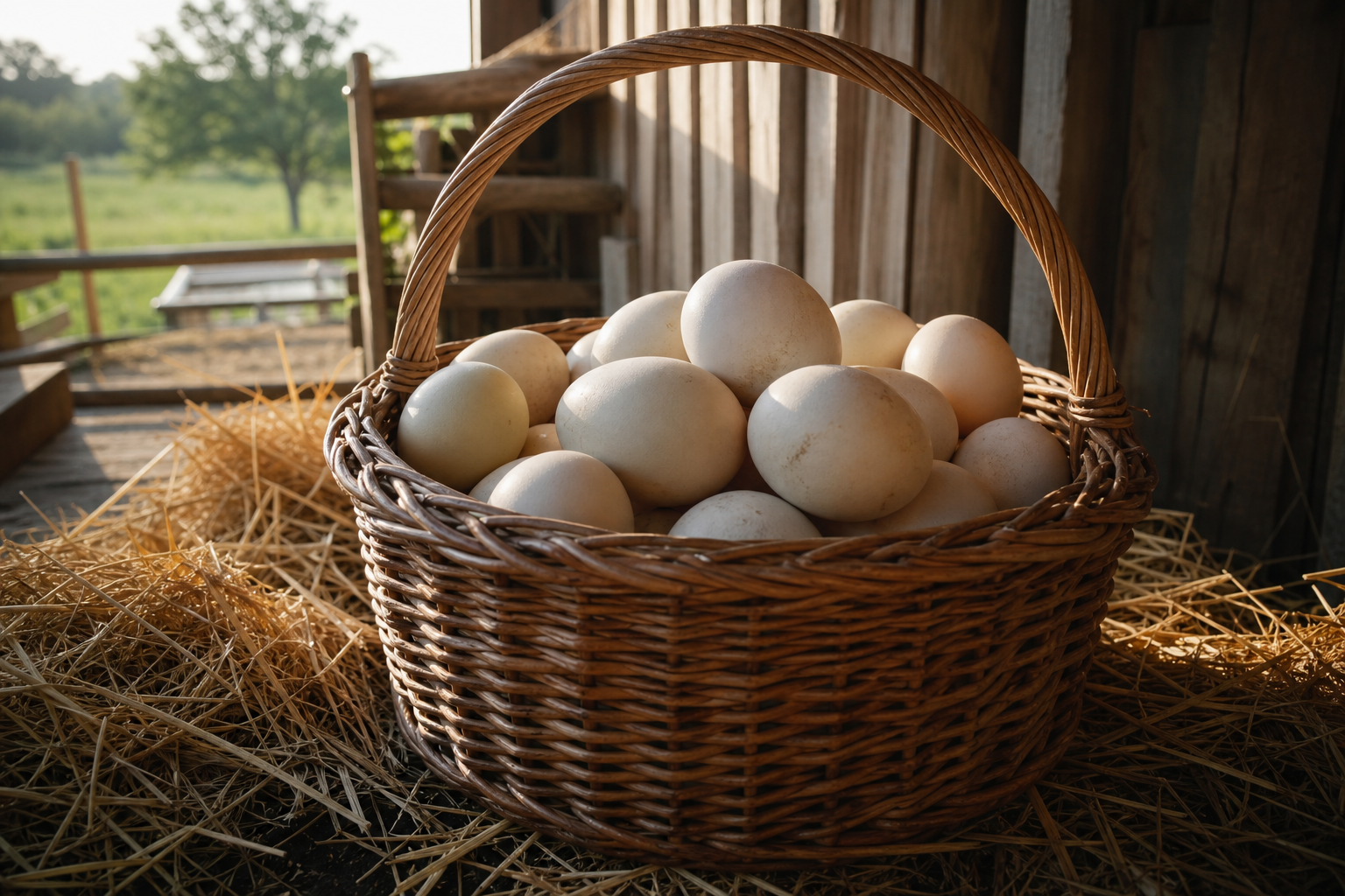 Fresh duck eggs in a wicker basket on straw
