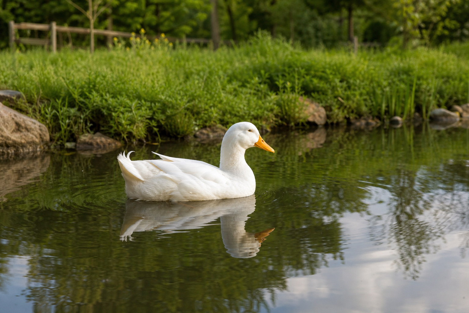 White duck floating on a calm farm pond