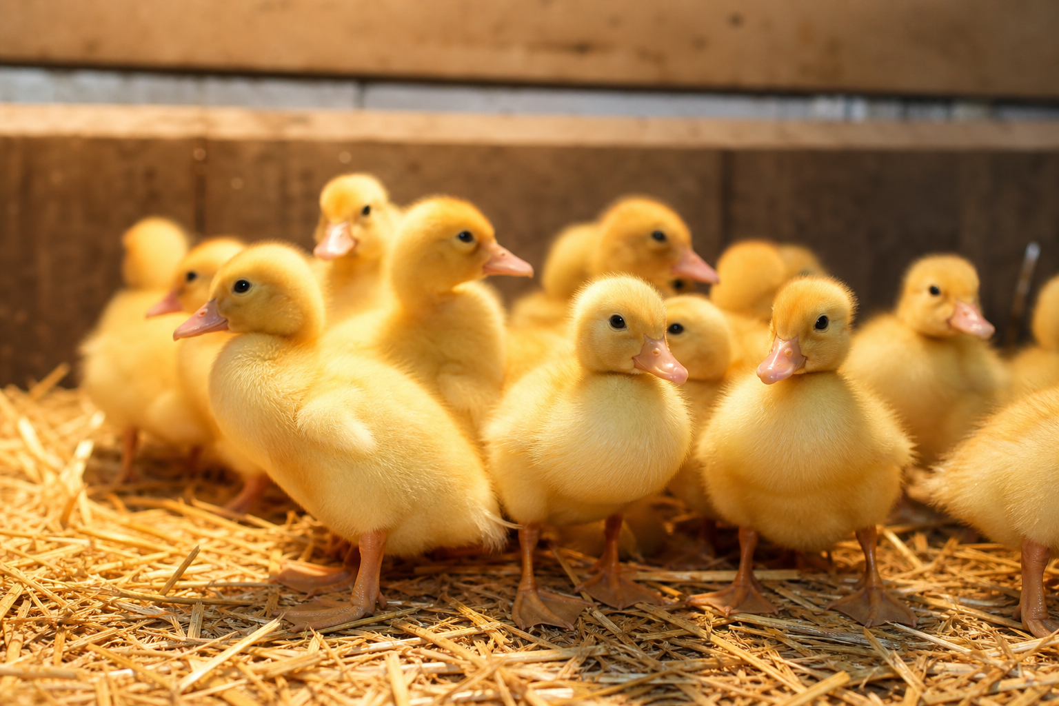Fluffy yellow ducklings on straw in a brooder