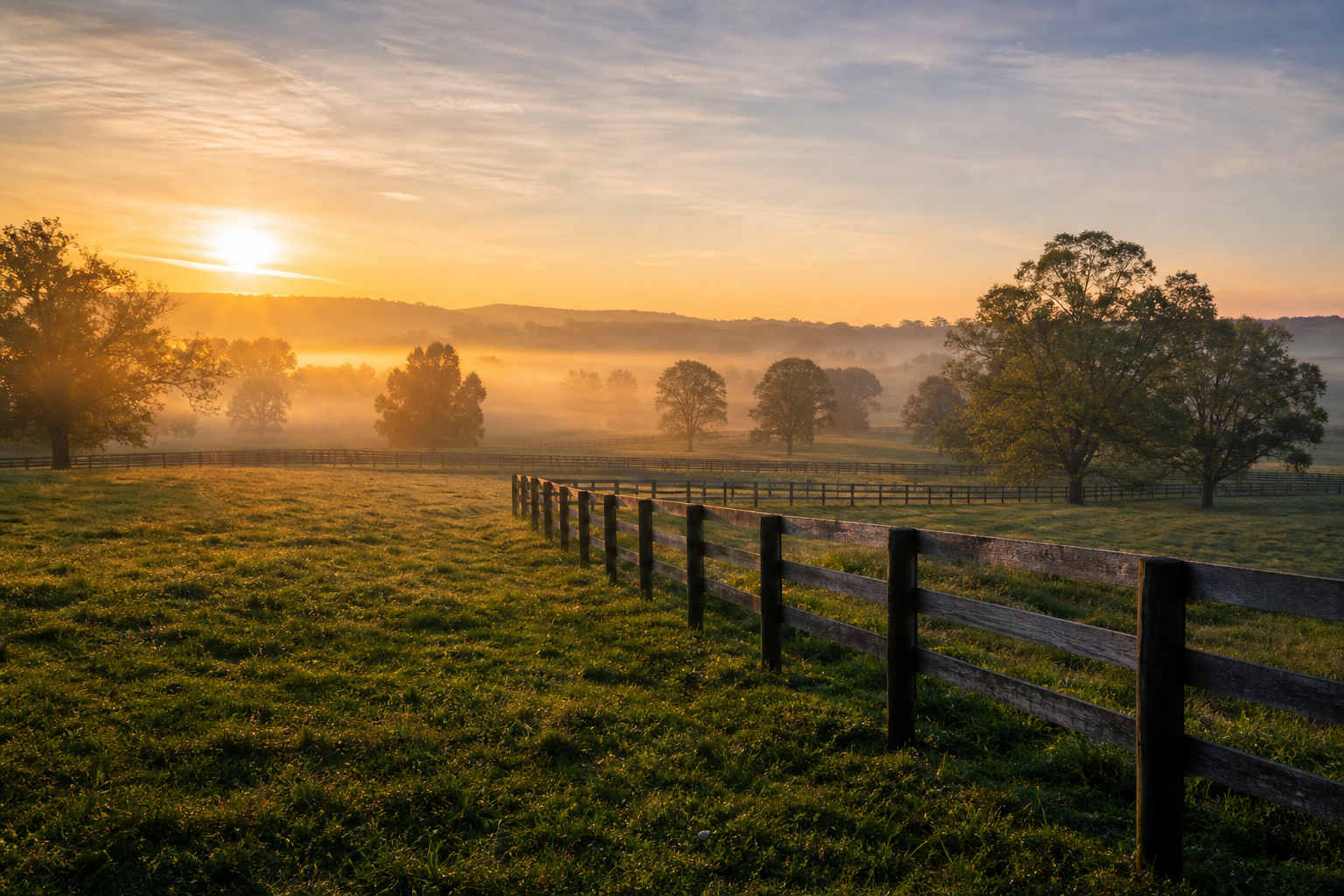 Rolling green farm pasture at sunrise